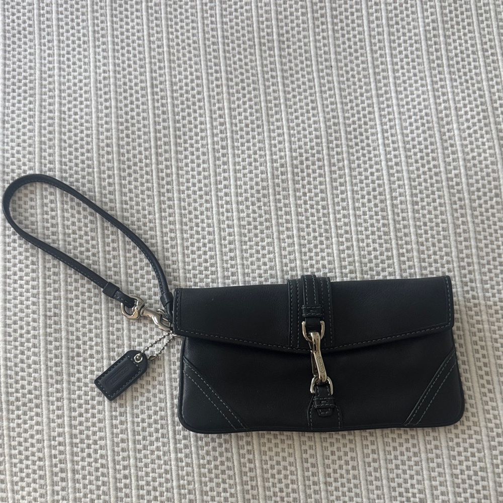 Coach Black Leather Wristlet with Silver Accents